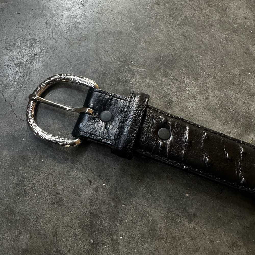 Genuine ostrich leather American made belt with silver engraved buckle